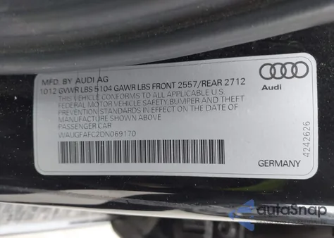 2013 Audi A6 2.0T Premium z USA, uszkodzony, nr VIN WAUGFAFC2DN069170